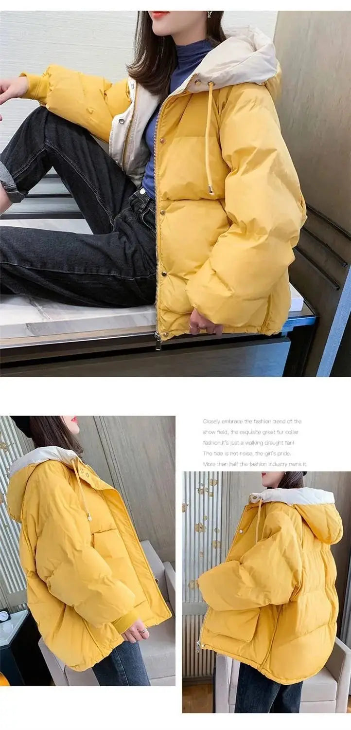 2024 Winter Korean Warm Female Puffer Coat Pocket Solid Parkas Padding Long Sleeve Thick New in Outerwears Hooded Women's Jacket