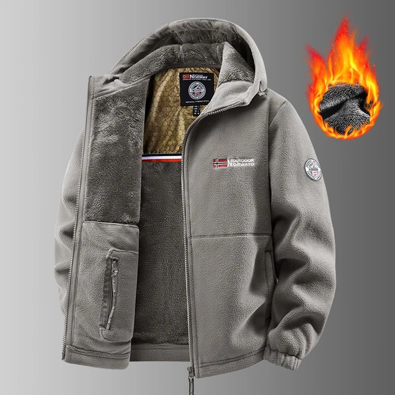 Men's Winter Fleece Jacket British Street Thickened Polar Fleece Hooded Jacket Casual Plus Size Cold-proof Warm Pocket Coat