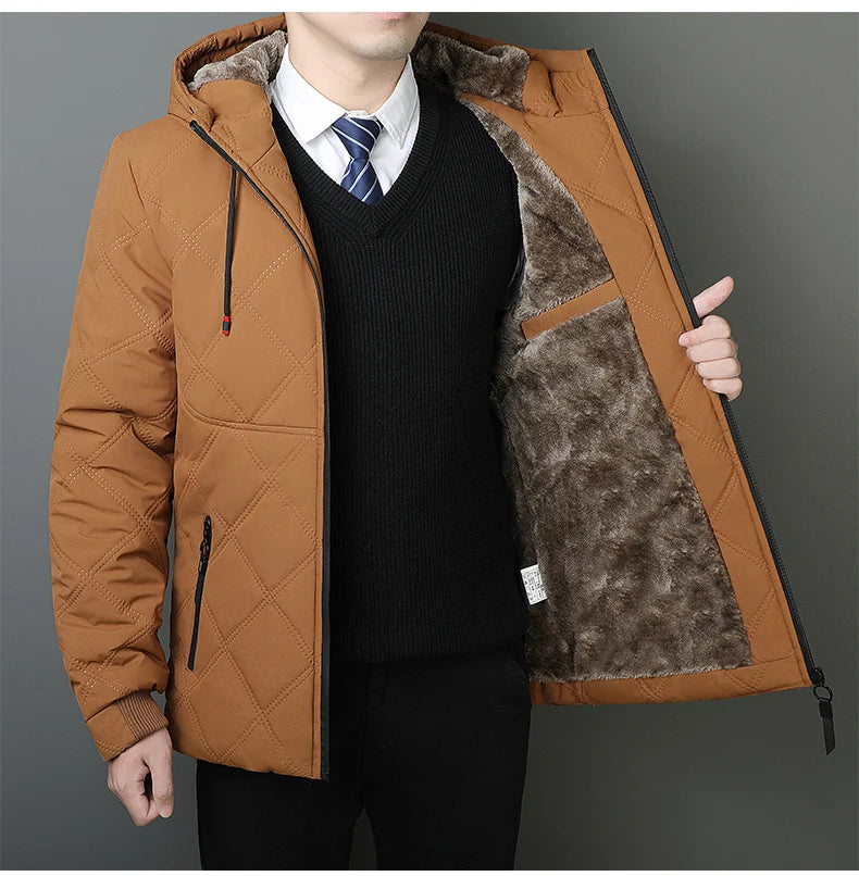 Winter Hooded Jacket Men Windproof Warm Business Casual Men Coats Blazers for Men Formal Social Jacket Solid Color Thick Coat