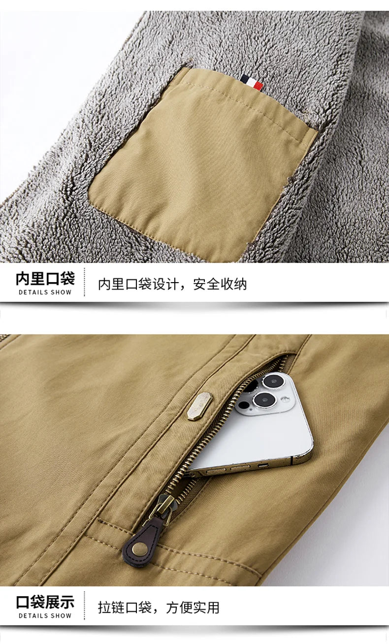 Autumn Winter Men's Jacket High Quality Clothing Thick Sheep Fur Collar Velvet Windproof Coat Male Casual Soft Fleece Warm Parka