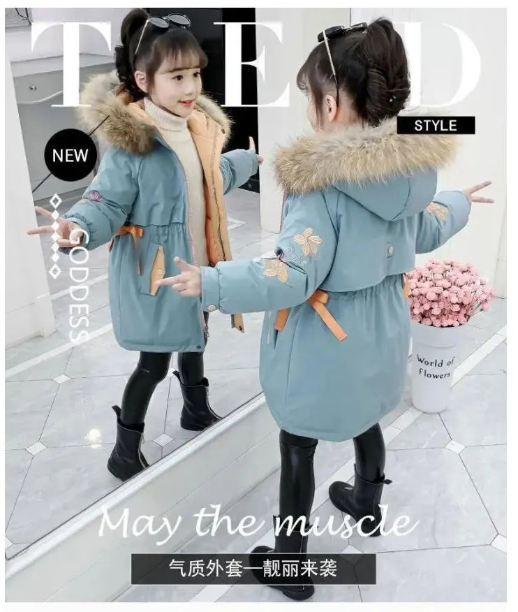 Winter Warm Jackets for Girls Two Colors Faux Fur Hooded Coat Kids White Duck Down Parkas Children Cotton Long Outwear