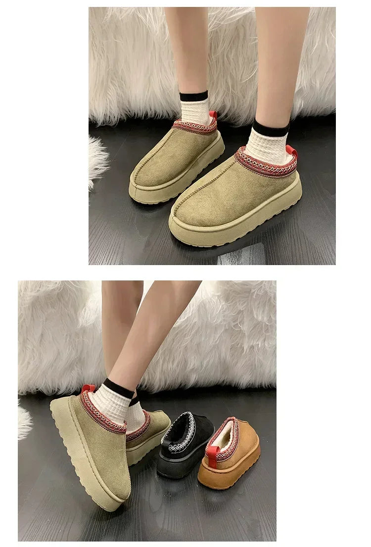 Snow Boots for Women 2024 Winter New Cashmere Warm Thick Soles Without Heel-covered Hair Half Slipper Cotton Shoes for Women
