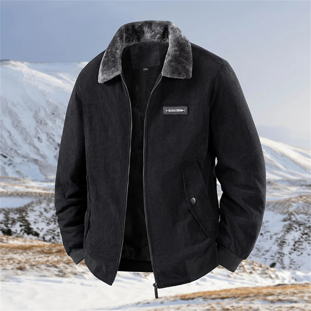 Winter New Arrival: Warm-Weather Corduroy Jacket Men's Fleece-Lined, Thickened Letter-Label Collared Jacket Fashionable Menswear