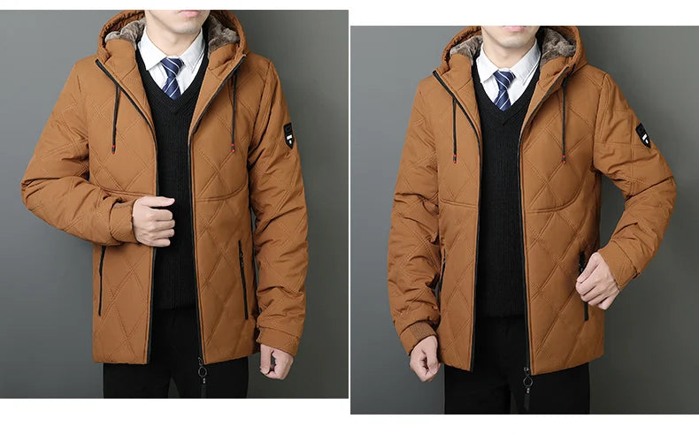 Winter Hooded Jacket Men Windproof Warm Business Casual Men Coats Blazers for Men Formal Social Jacket Solid Color Thick Coat