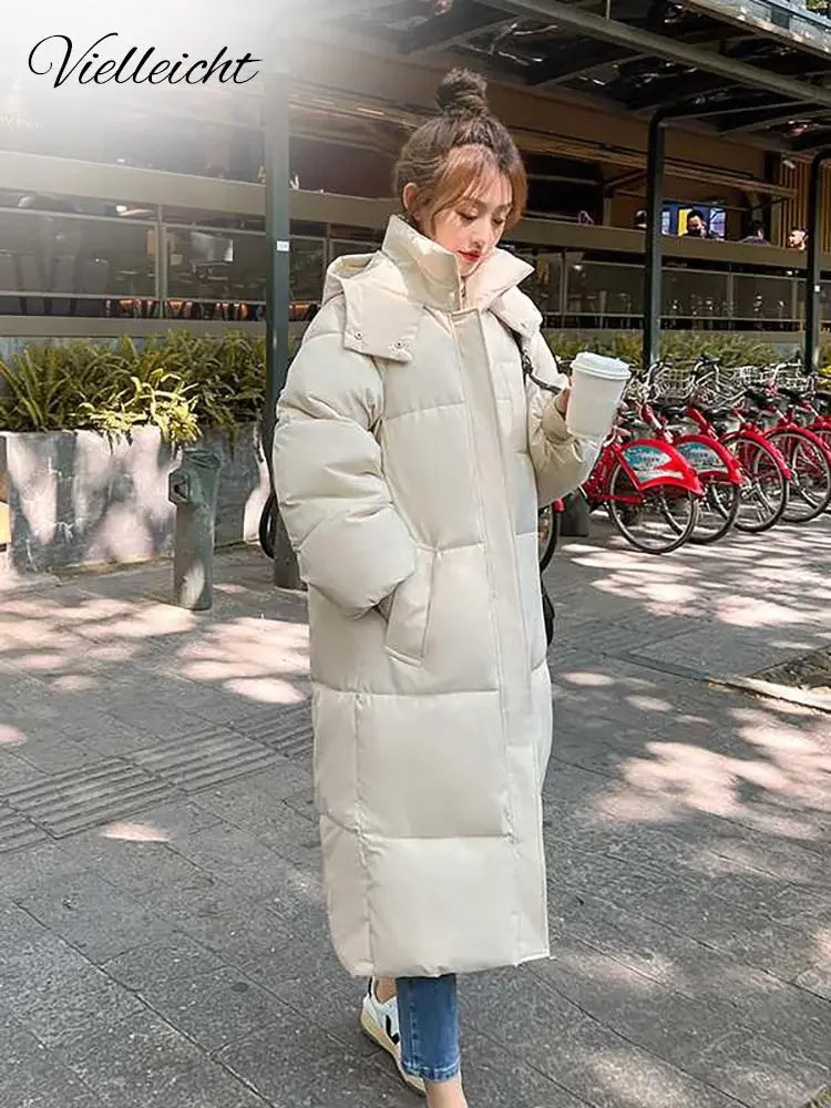Vielleicht 2025 Korean Jacket Women Winter X-long Parkas Solid Hooded Thicken Warm Female Snow Wear Coat Padded Loose Clothes
