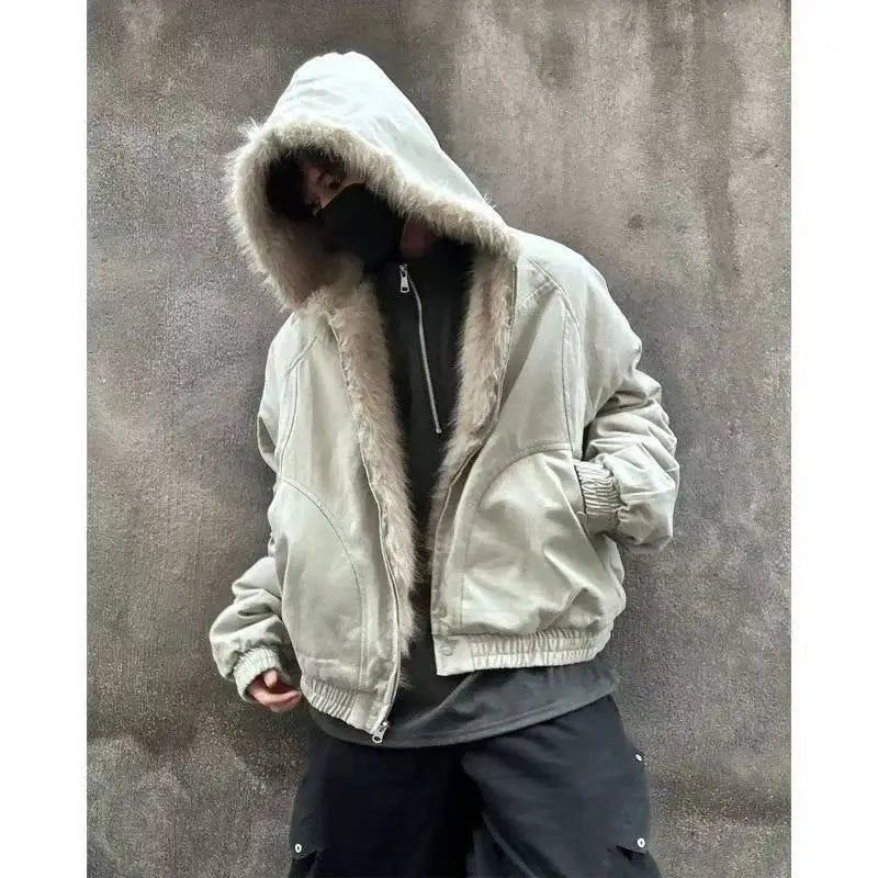 Winter plush jacket American log warm jacket men and women retro stylish hip-hop simple loose leather motorcycle punk jacket