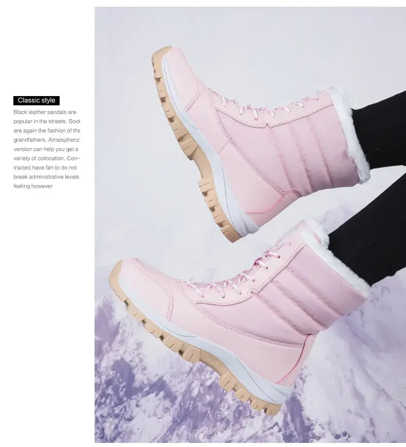 2025 Winter Women's Waterproof High Heel Boots Strap Up Flat Heel Boots Warm Snow Shoes, Plush Outdoor Fashion Casual Boots