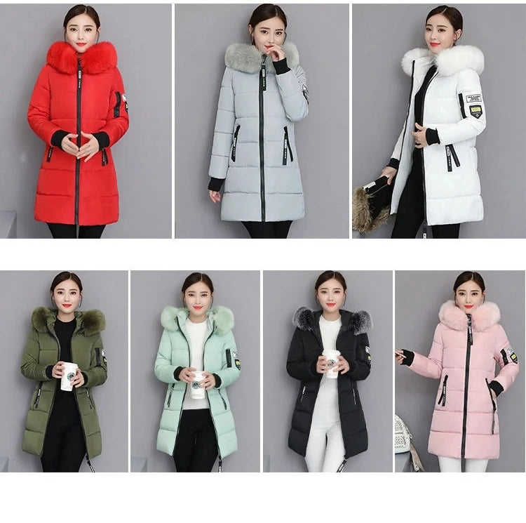 Winter Women Coat Parkas Mid-length Hooded Padded Jacket Big Fur Collar Warmth Jacket Cheap Wholesale