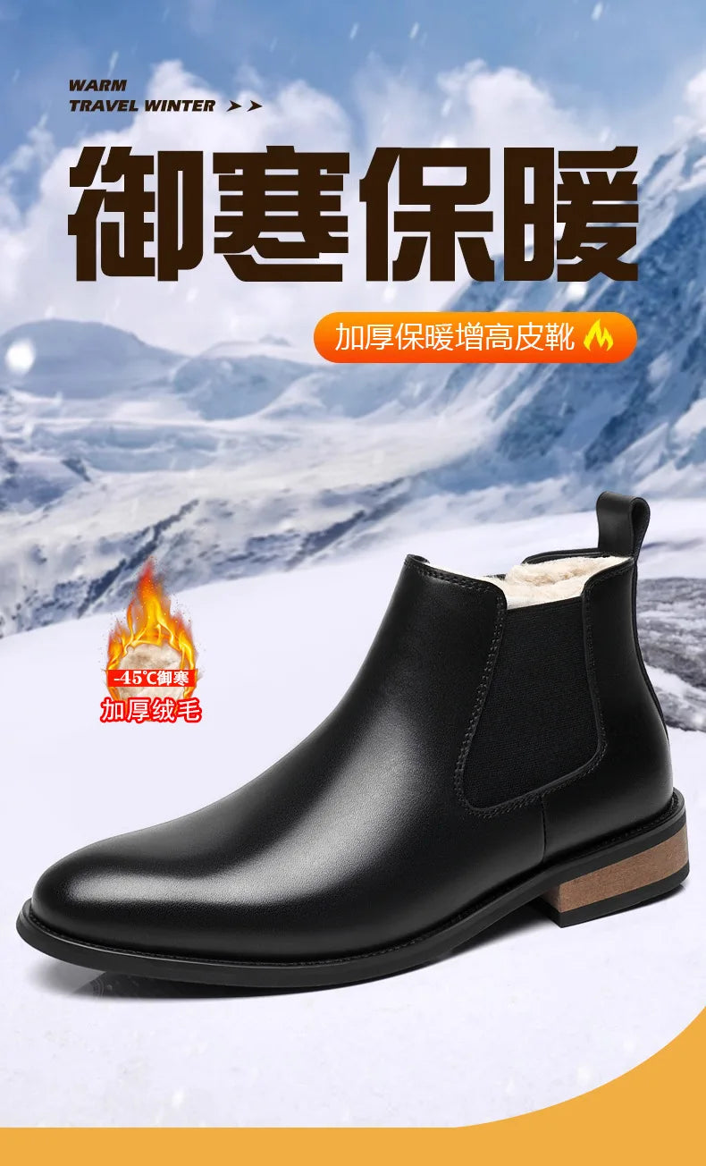 Winter New Men's Boots Genuine Leather Luxury Chelsea Boots Hidden Heels 6CM Height Increasing Shoes Man Outdoor Keep Warm Boots