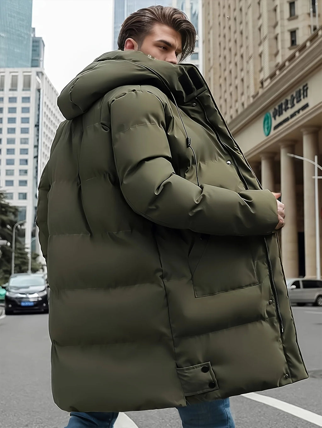 Men's Winter Jacket Hooded Full-Zip -Padded - Windproof Coat with Full-Length Zipper- Cold Weather Outdoor Clothing for Skiing