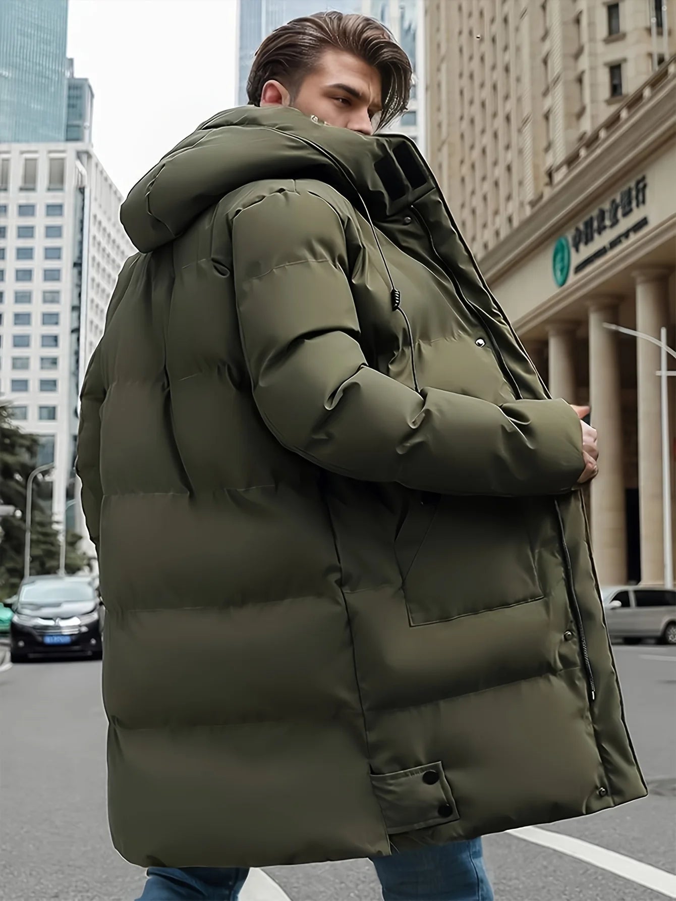 Men's Winter Jacket Hooded Full-Zip -Padded - Windproof Coat with Full-Length Zipper- Cold Weather Outdoor Clothing for Skiing