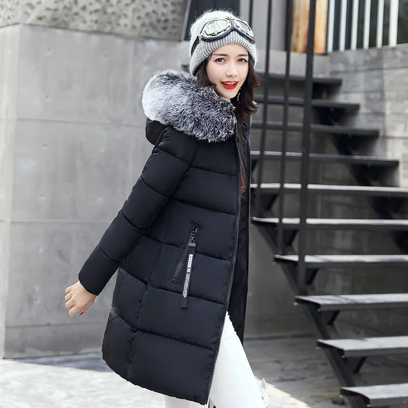 Winter Women Coat Parkas Mid-length Hooded Padded Jacket Big Fur Collar Warmth Jacket Cheap Wholesale