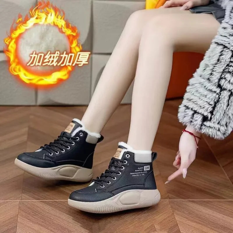 【2025 Winter】Women's High-Top Thermal Sneakers Fashion All-Match Fur Lined Winter Shoes Non-Slip Warm Casual Sports Shoes