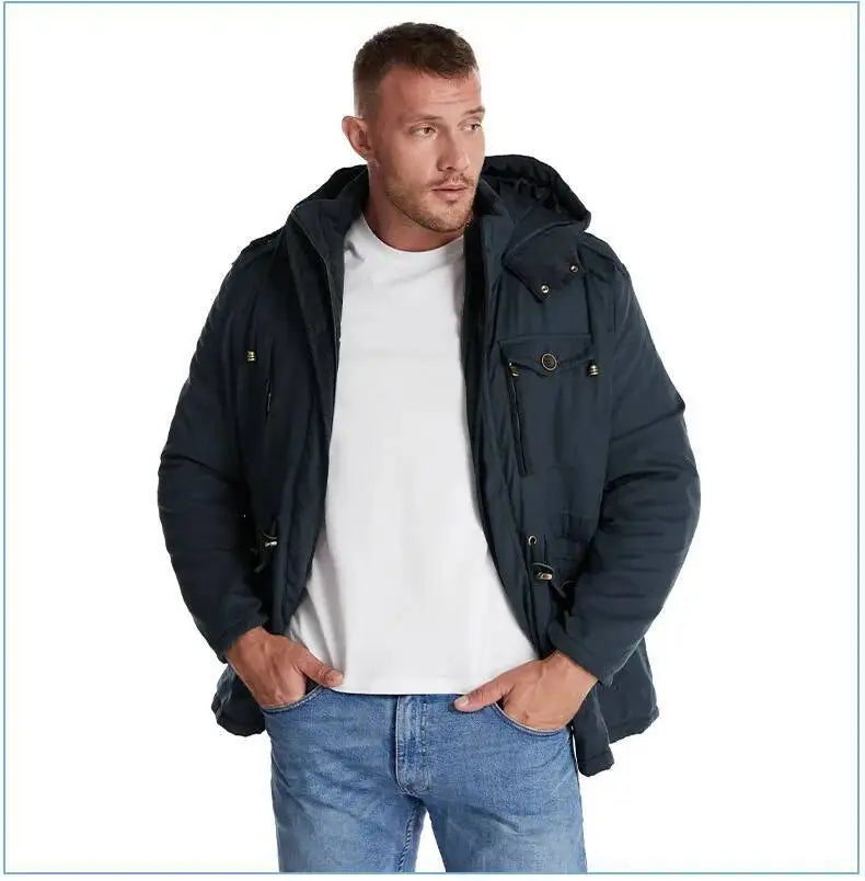 2025 Winter Men's American Fashion Versatile Hooded Cotton Jacket Thickened Multi Pocket Casual Simple Medium Length Top Coats