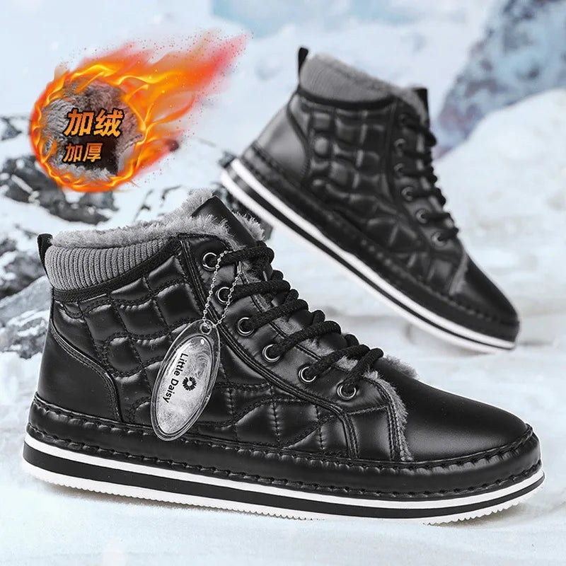 Winter New Shoes for Men Fur Boots High Tops Leather Warm Plush Casual Shoes Outdoor Snow Boots