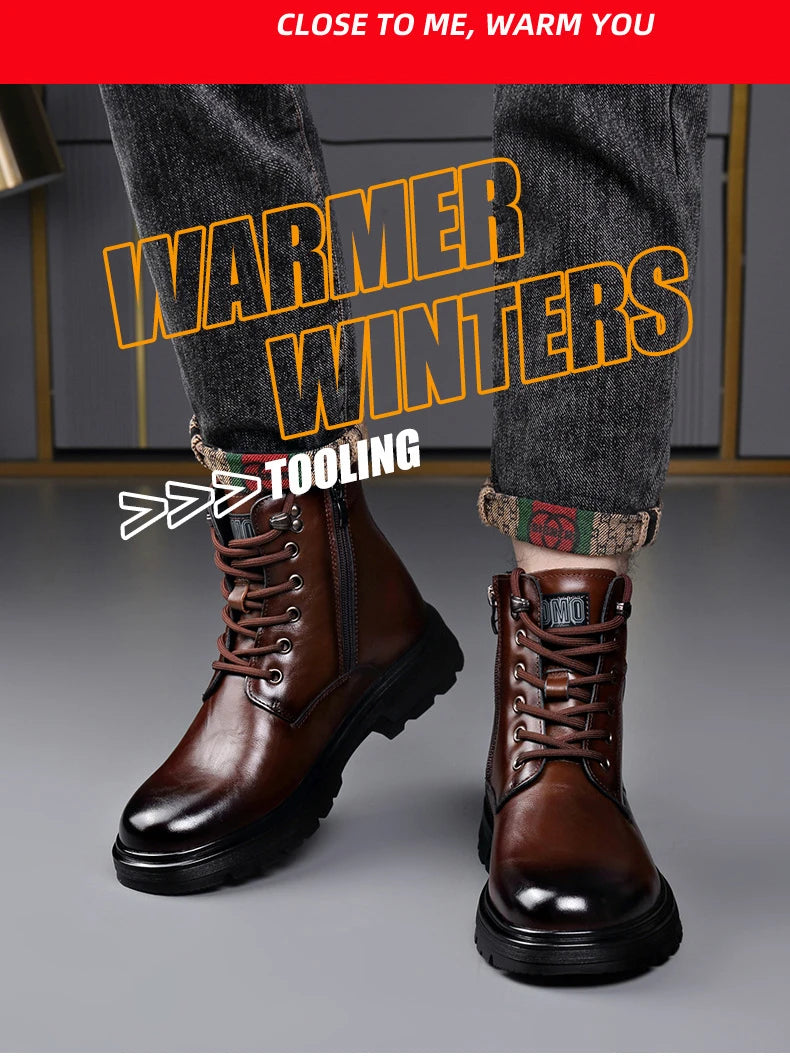 Autumn Winter Side Zipper Genuine Leather Boots for Men Fashion Casual Warm Cotton Work Shoes Man New Designer Ankle Boots Male