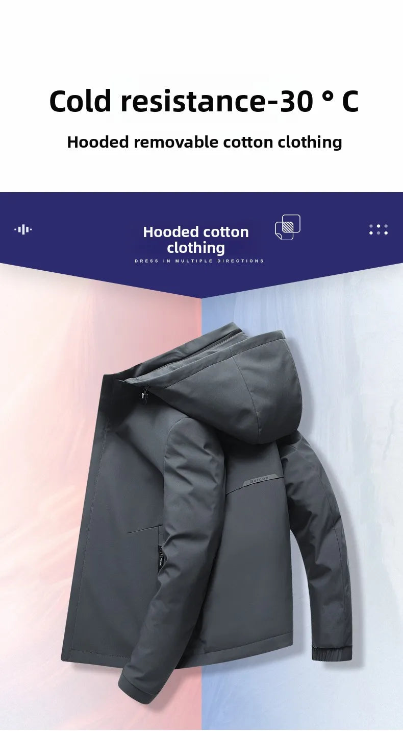 Men's Autumn Winter Quilted Parka Jacket with Thickened Lining – Hooded Standing Collar Windbreaker Coat for Middle-Aged Warmth