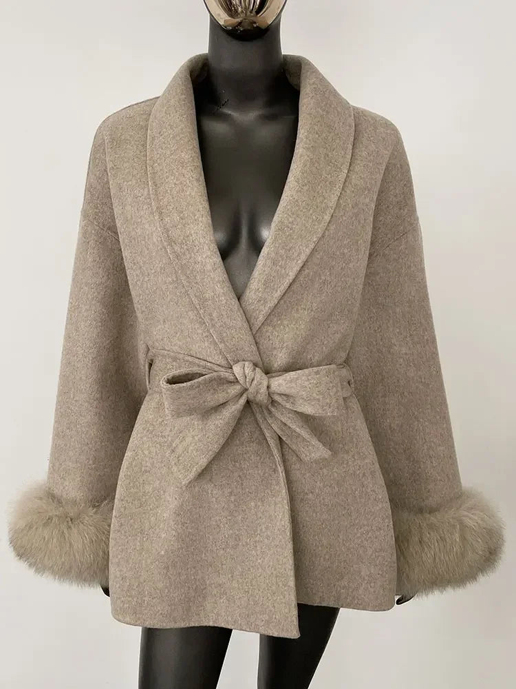 2024 New Winter Jacket for Women Natural Fox Fur Collar Thickened Warm Cashmere Wool Double-sided Coat Fashion V-neck Commuting