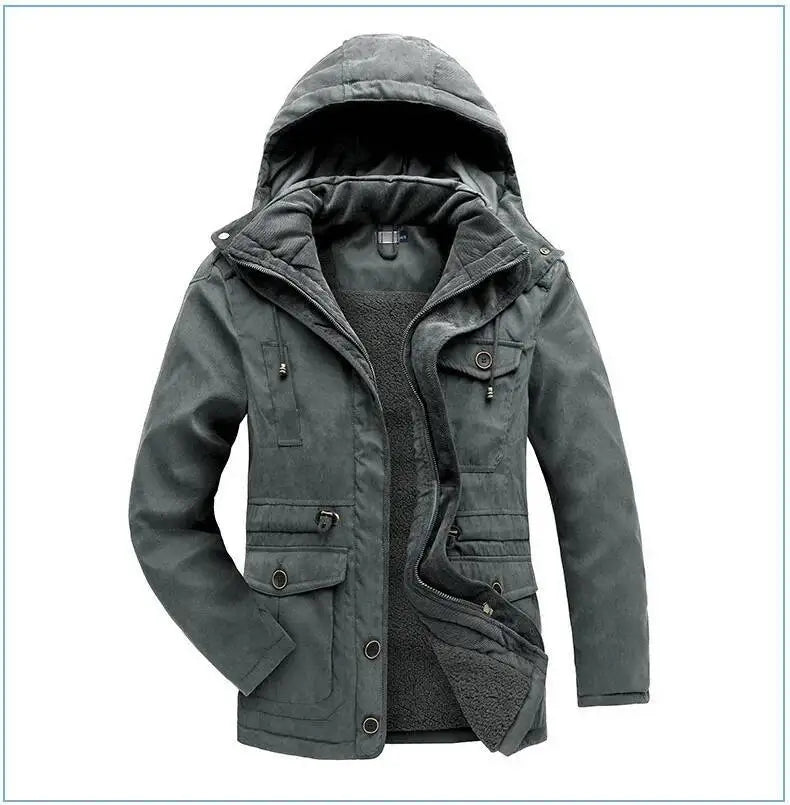 2025 Winter Men's American Fashion Versatile Hooded Cotton Jacket Thickened Multi Pocket Casual Simple Medium Length Top Coats