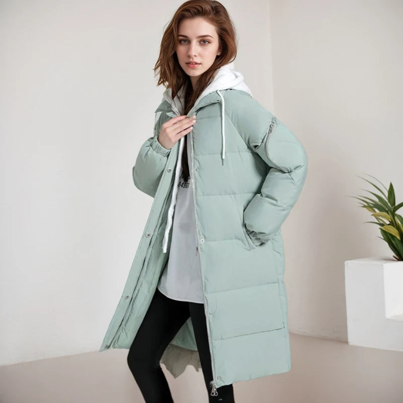 Winter Women Jacket Casual Loose Cotton-padded Knitted Hat Long Overcoat Fashion High Quality Fake Two Pieces Hooded Long Coat