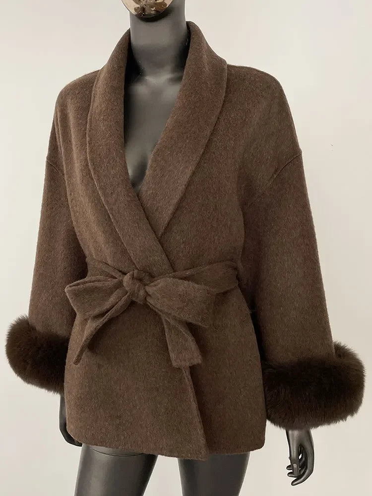 2024 New Winter Jacket for Women Natural Fox Fur Collar Thickened Warm Cashmere Wool Double-sided Coat Fashion V-neck Commuting