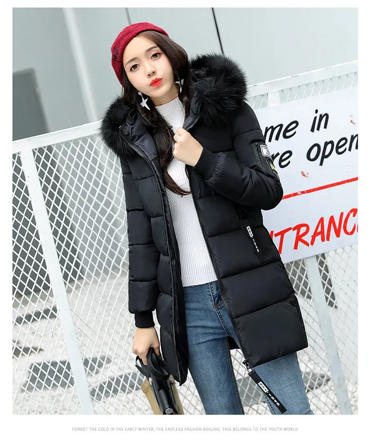 Women Parkas Hooded Long Sleeve Fur Collar Solid Thick Midi Parka Zipper Pockets Casual Warm Coat Outerwear Winter 2024