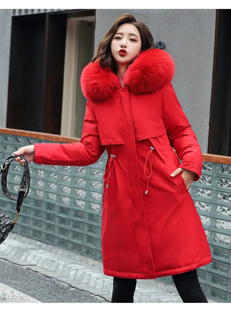 Winter Parka 2024 New Women Jacket Clothes Long Coat Wool Liner Hooded Jacket Fur Collar Thick Warm Snow Wear Fashion Parka