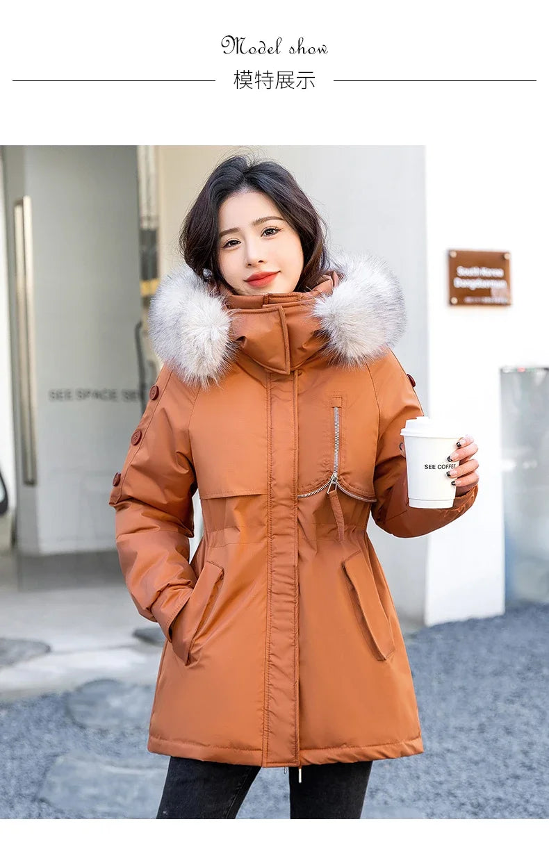 CJFHJE Parkas Winter Jackets Women Chaquetas Para Mujeres Waist Big Fur Collar Warm Down Jacket Outdoor Coat Abrigos De Plumas