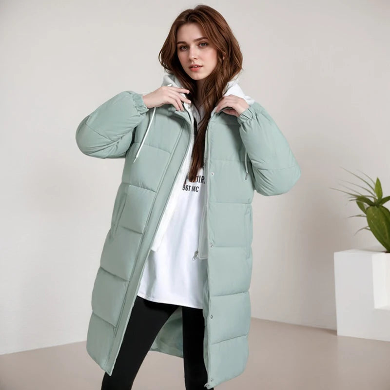 Winter Women Jacket Casual Loose Cotton-padded Knitted Hat Long Overcoat Fashion High Quality Fake Two Pieces Hooded Long Coat