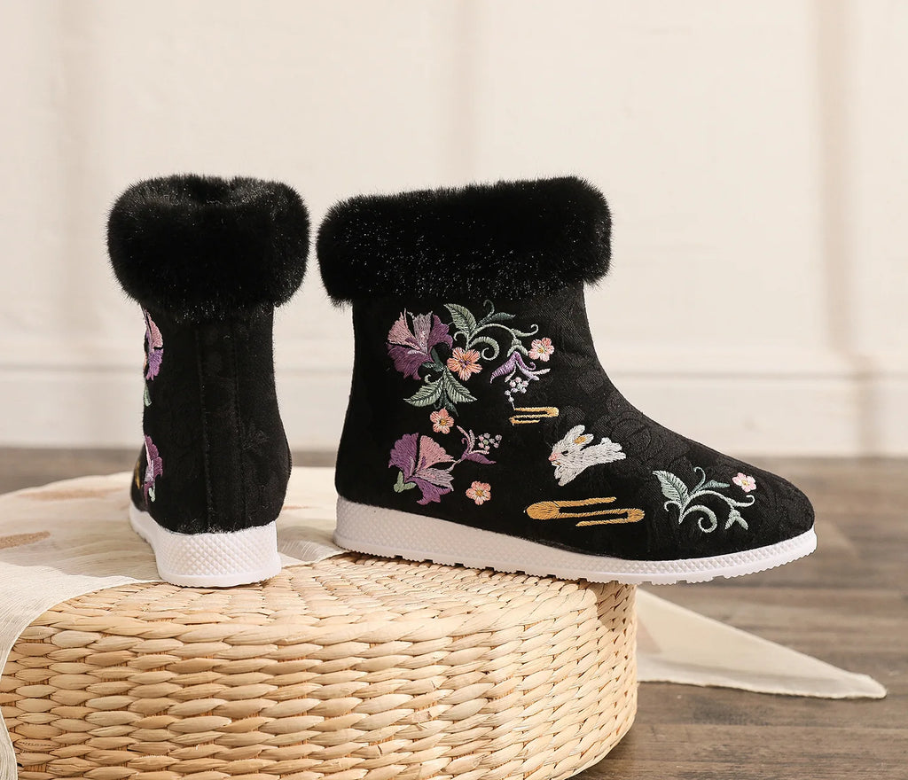 Fashion Winter Boots Women's Shoes Ethnic Style Embroidered Short Boots Women Warm Snow Shoes Female Antiquity Dance Flat Boot