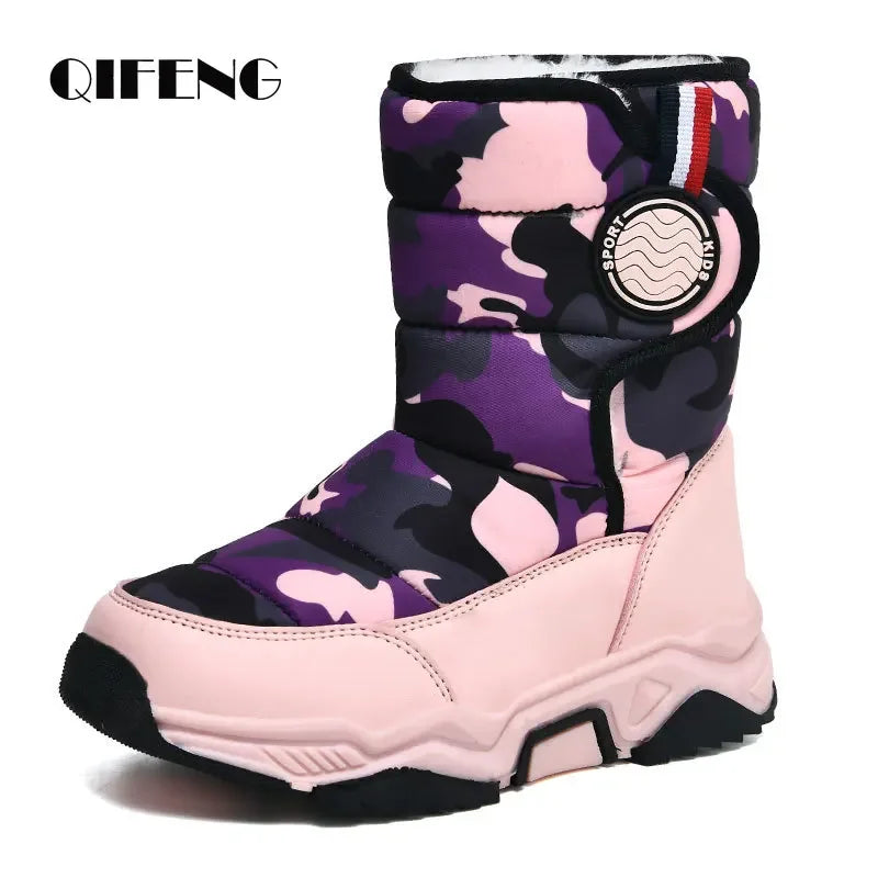 Winter Children Casual Shoes Girls Non-slip Warm Fur Snow Boots Boys Tactical Sneakers Kids Outdoor Footwear Padded Boots Female