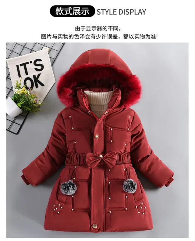 Thick Keep Warm Winter Girls Jacket Detachable Hat Plush Collar Hooded Padded Lining Coat For Kids Children Birthday Present