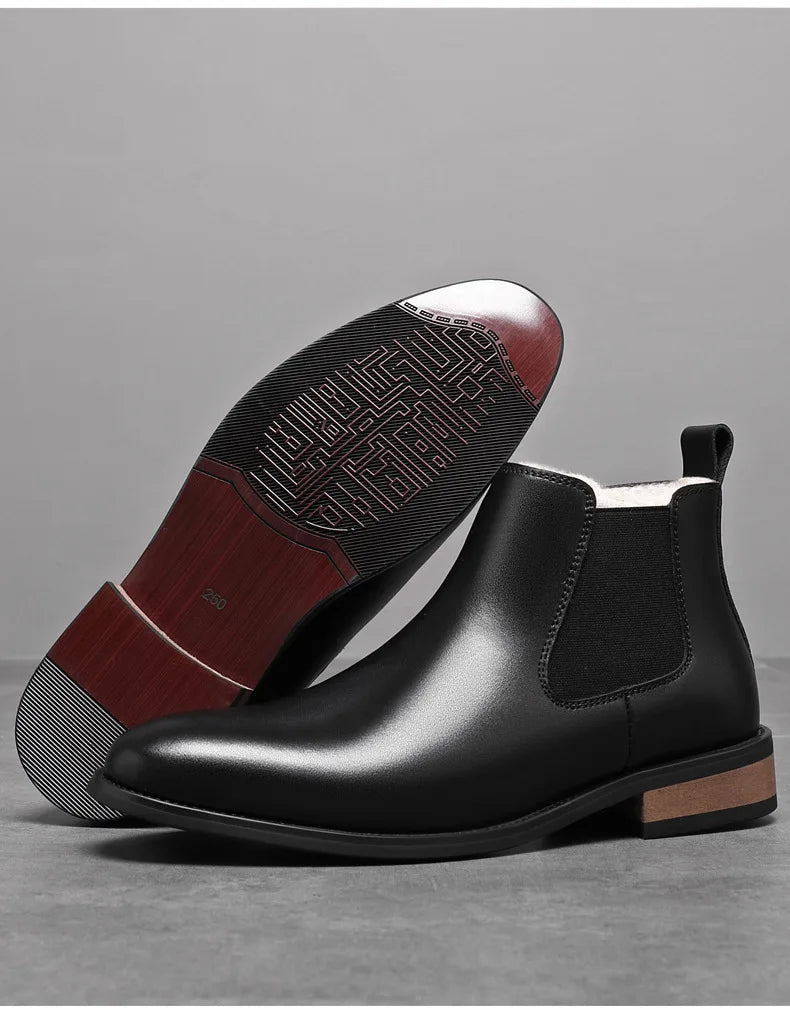 Winter New Men's Boots Genuine Leather Luxury Chelsea Boots Hidden Heels 6CM Height Increasing Shoes Man Outdoor Keep Warm Boots