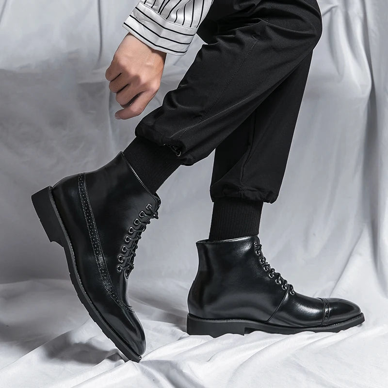 Winter Trend High Top Workwear Shoes Tips Thick Soles for Men's Business Dress Shoes British Style Men's Leather Ankle Boots
