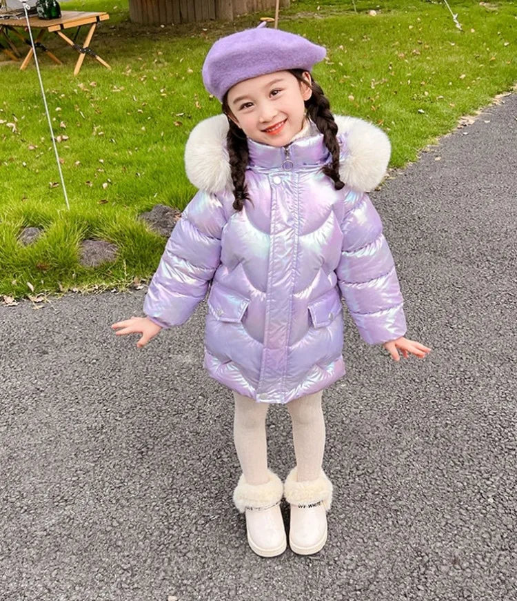 Winter Girls Down Jacket with Faux Fur Lining - Thermal Insulation Windproof Stain Resistant Coat for Medium To Large Kids