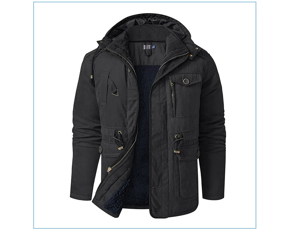 Winter Mens Fleece Warm Jackets Fashion Men Thicken Thermal Tactical Hooded Coats Men Outdoor Multi-pocket Windbreaker Jacket