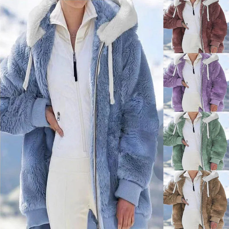 New Style Winter Fashion Women's Coat Casual Hooded Zipper Ladies Clothes Cashmere Women Fleece Jacket Solid Color Ladies Coats