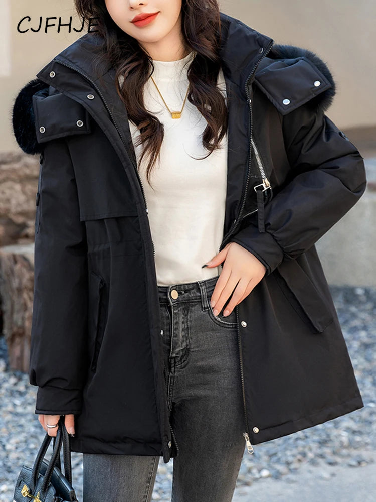 CJFHJE Parkas Winter Jackets Women Chaquetas Para Mujeres Waist Big Fur Collar Warm Down Jacket Outdoor Coat Abrigos De Plumas
