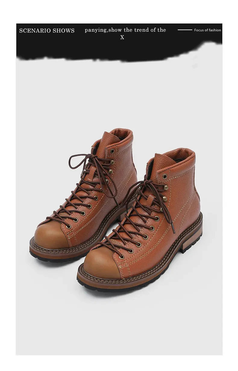 Men Leather Boots Vintage Work High Top Men's Shoes British Style Men's Leather Boots Spring Non Slip Lace Up Platform Shoes Man