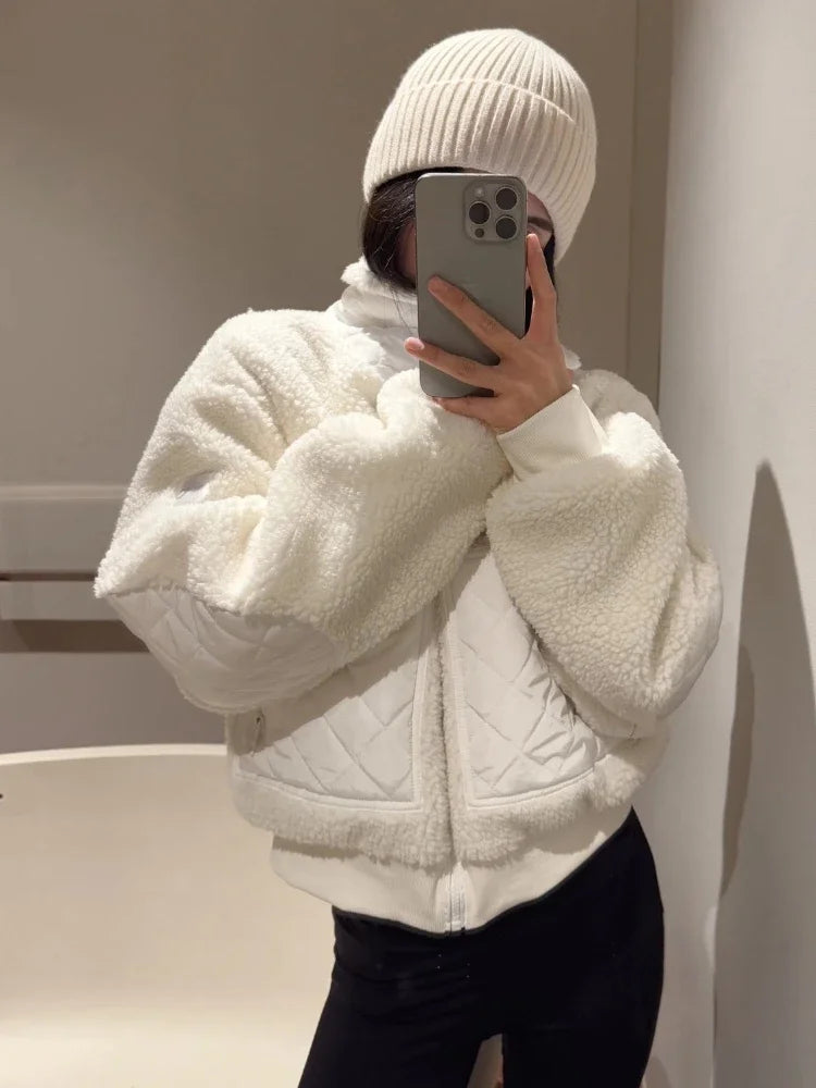 White Winter Jacket Women Lamb Fleece Zipper High Waist Short Jacket Fashion Thickened Stand Collar Black Jackets for Women