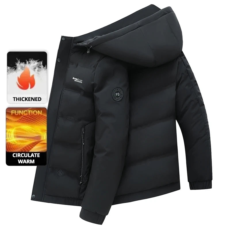 Men's Autumn Winter Quilted Parka Jacket with Thickened Lining – Hooded Standing Collar Windbreaker Coat for Middle-Aged Warmth