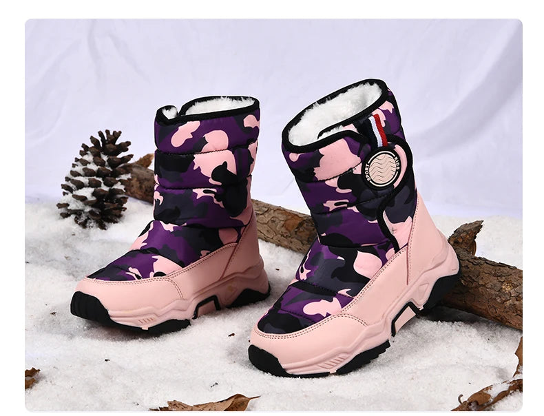 Winter Children Casual Shoes Girls Non-slip Warm Fur Snow Boots Boys Tactical Sneakers Kids Outdoor Footwear Padded Boots Female
