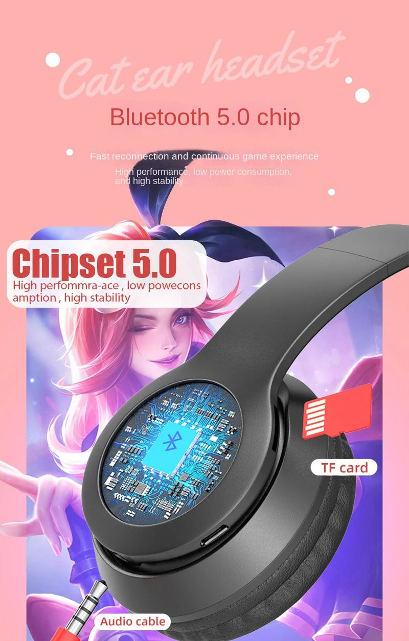 P47M Wireless Headphone Flash Light Cute Cat Ears Fone with Mic Control LED Stereo Music Helmet Phone Bluetooth Headset Gift