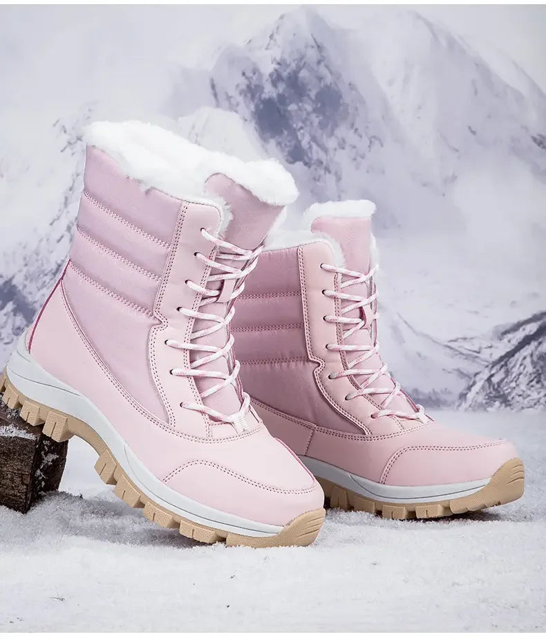 2025 Winter Women's Waterproof High Heel Boots Strap Up Flat Heel Boots Warm Snow Shoes, Plush Outdoor Fashion Casual Boots