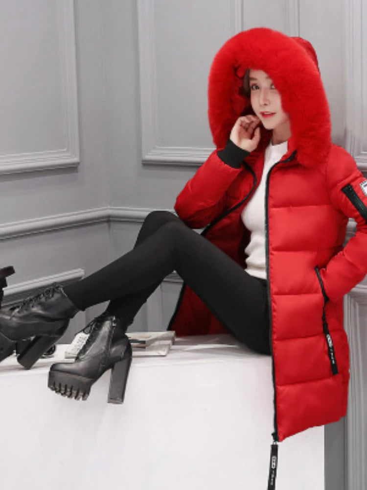 Women Parkas Hooded Long Sleeve Fur Collar Solid Thick Midi Parka Zipper Pockets Casual Warm Coat Outerwear Winter 2024