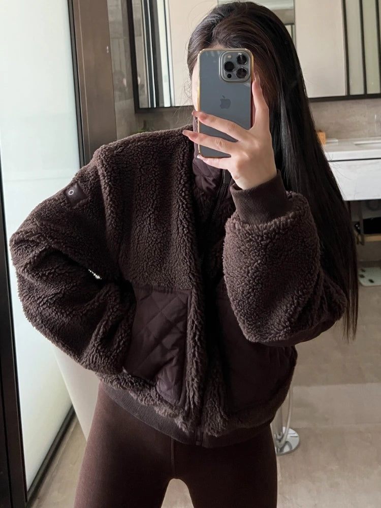 Winter Women‘s Lamb Fleece Jacket Casual Fashion Thick Warm Short Coat Stand Collar Zipper Loose Solid Long Sleeve Jackets Women