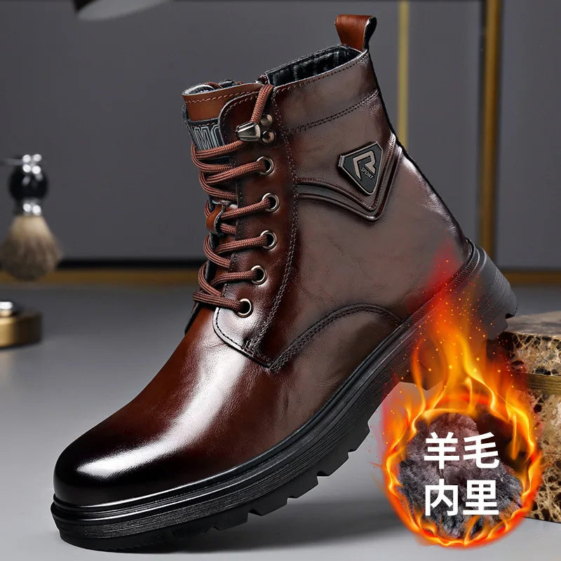 Autumn Winter Side Zipper Genuine Leather Boots for Men Fashion Casual Warm Cotton Work Shoes Man New Designer Ankle Boots Male