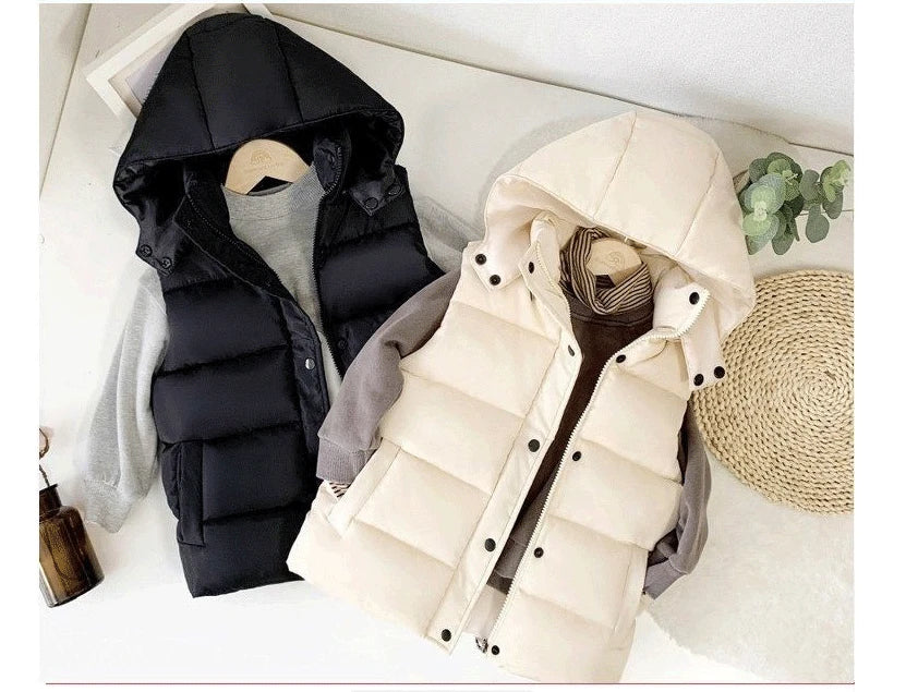 1-12Y Winter Warm Sleeveless Jacket For Children Jacket Thicken Hooded Vest For Boys Girls Kids Waistcoat Coat Insulated Vest