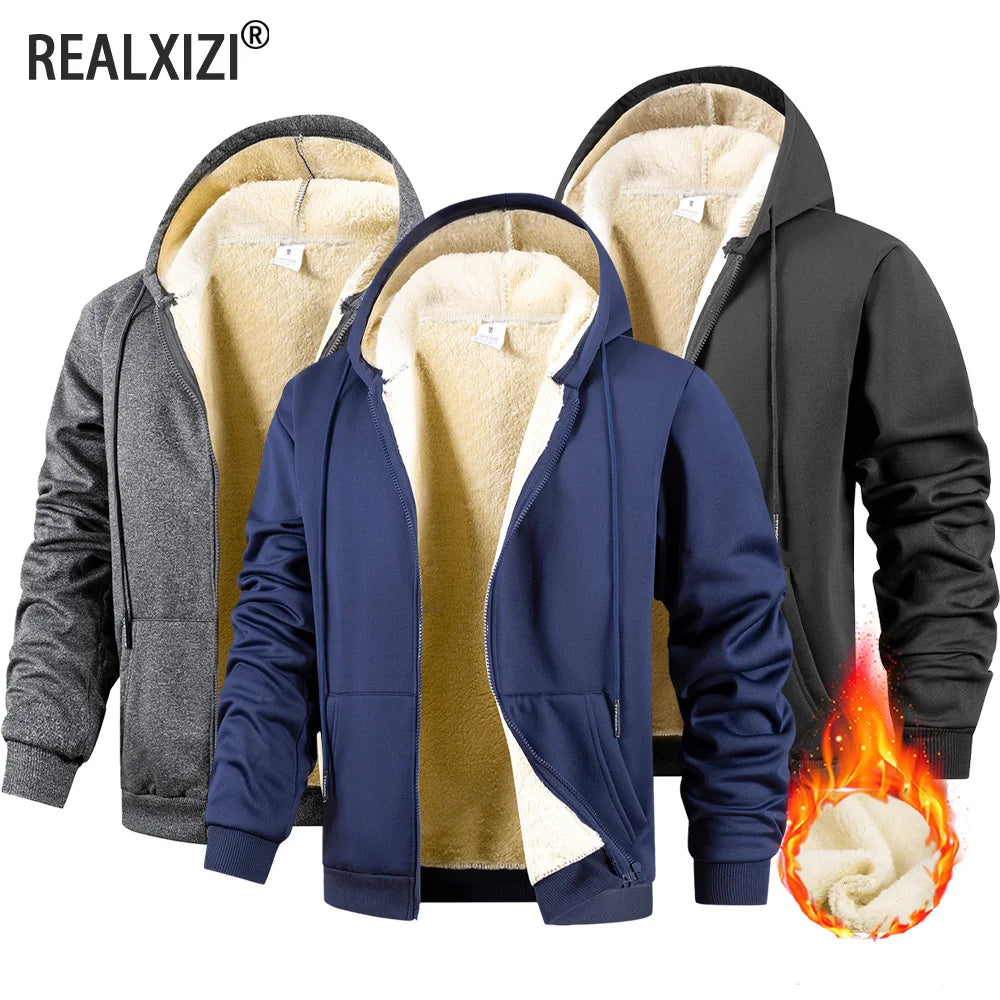 Winter Men's Jackets Thickened Fleece Lining Warm Jackets Sweatshirt Coat Men Cardigan  Zip Up Hooded Jackets Windproof Coat