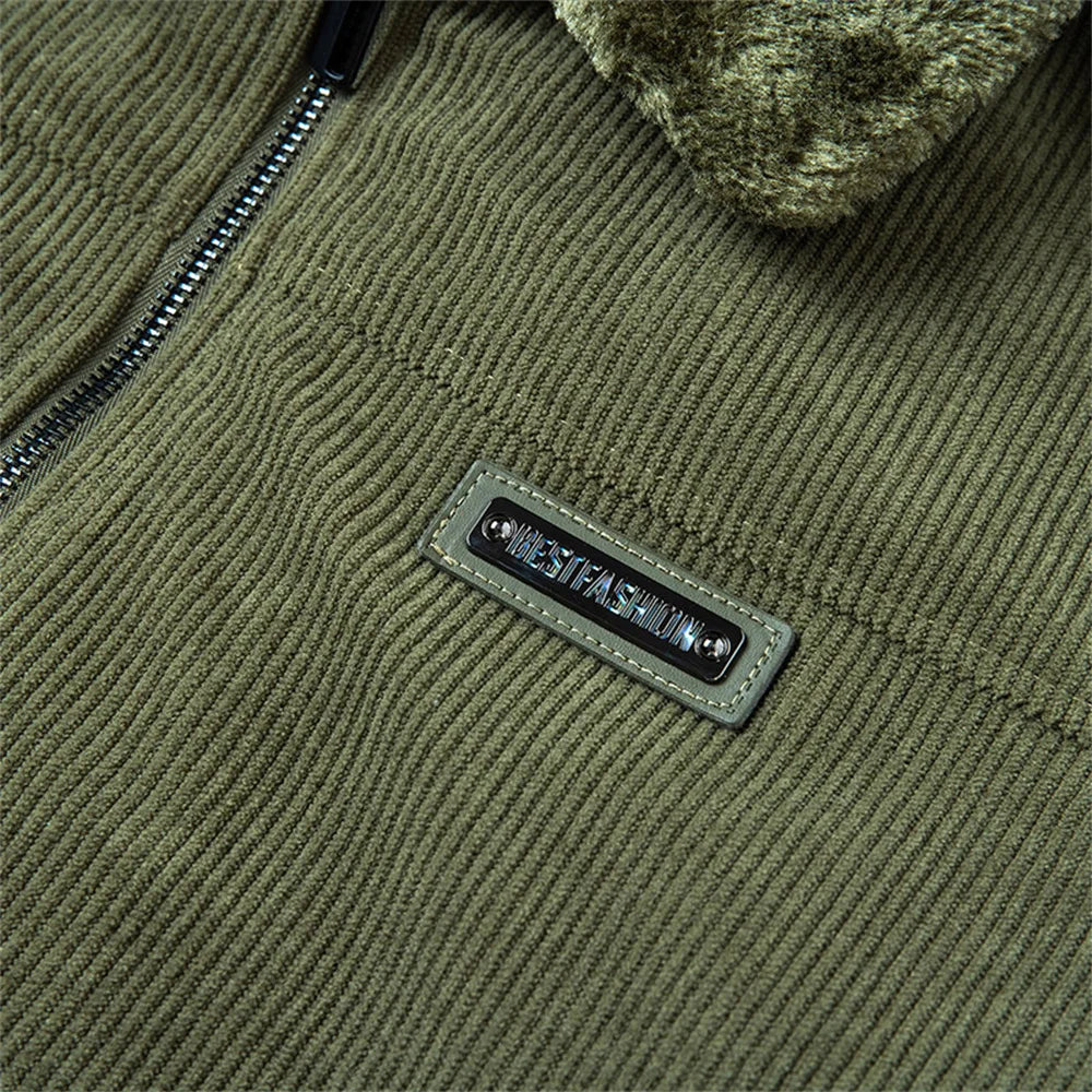 Winter New Arrival: Warm-Weather Corduroy Jacket Men's Fleece-Lined, Thickened Letter-Label Collared Jacket Fashionable Menswear